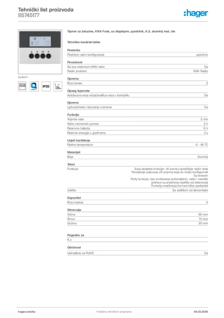 Slika Hager Tehnički list proizvoda 85745177  | Hager