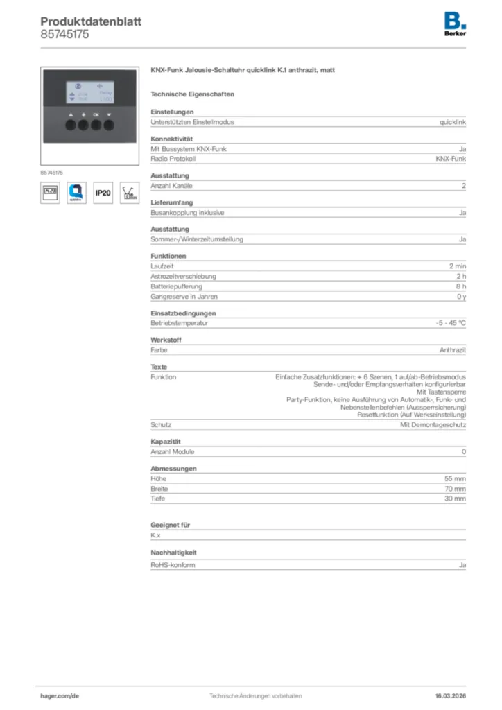 Bild Berker Produktdatenblatt 85745175 | Hager Deutschland