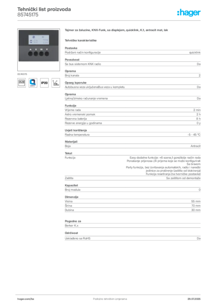 Slika Hager Product data sheet 85745175  | Hager