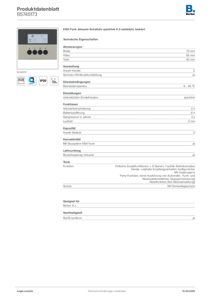Bild Berker Produktdatenblatt 85745173 | Hager Deutschland
