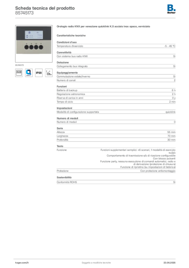 Immagine Berker Scheda tecnica del prodotto 85745173 | Hager Italia