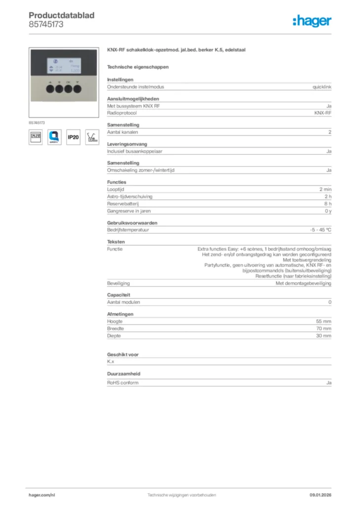 Afbeelding Hager Productdatablad 85745173 | Hager Nederland