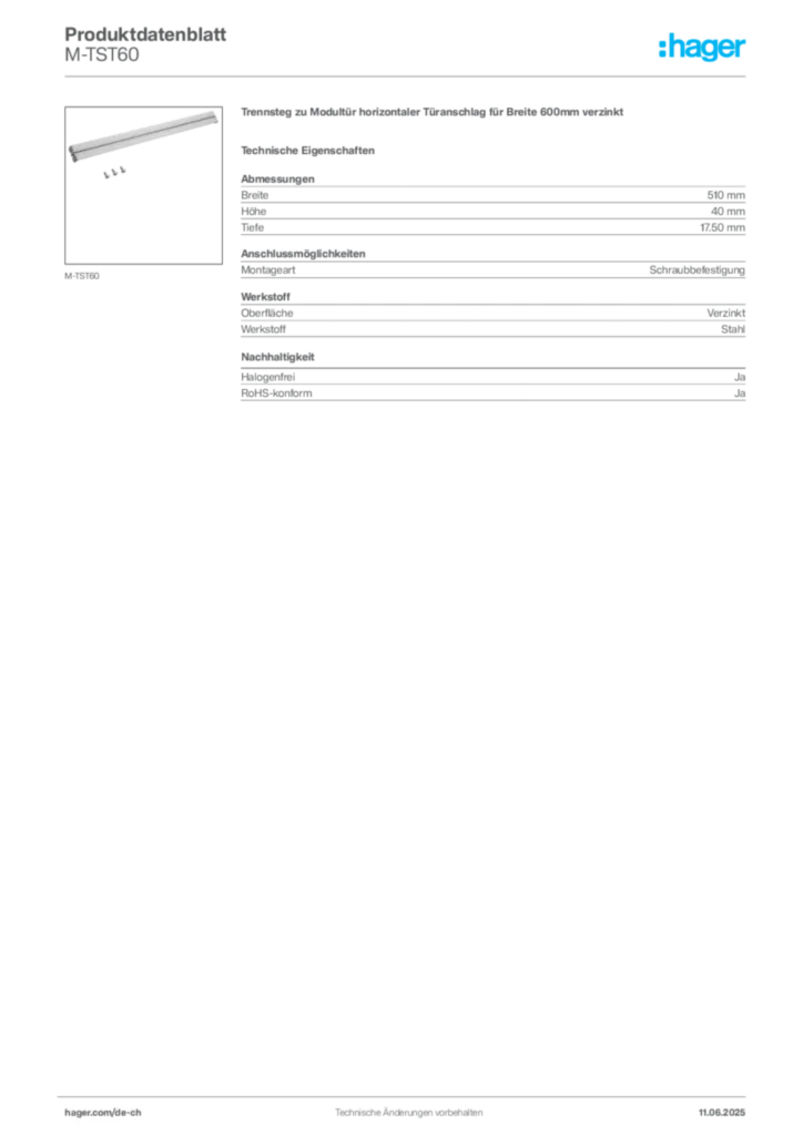 Bild Hager Produktdatenblatt M-TST60 | Hager Schweiz