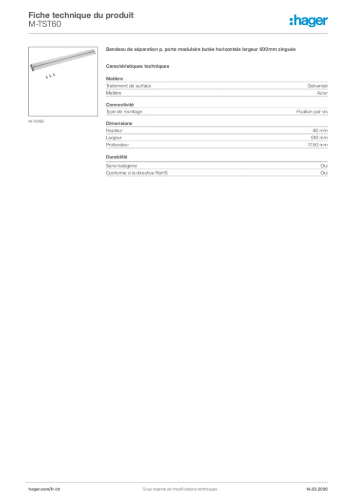 Image Hager Fiche technique du produit M-TST60 | Hager Suisse