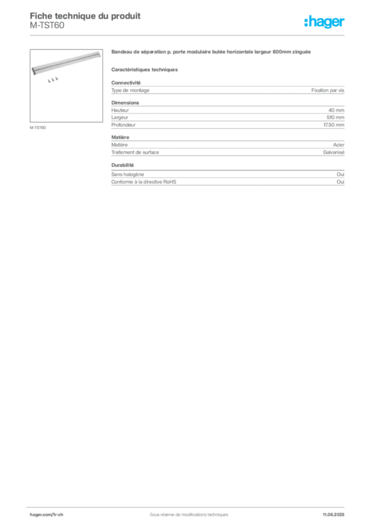 Image Hager Fiche technique du produit M-TST60 | Hager Suisse