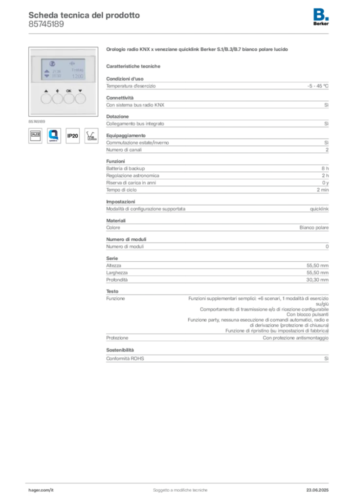 Immagine Berker Scheda tecnica del prodotto 85745189 | Hager Italia