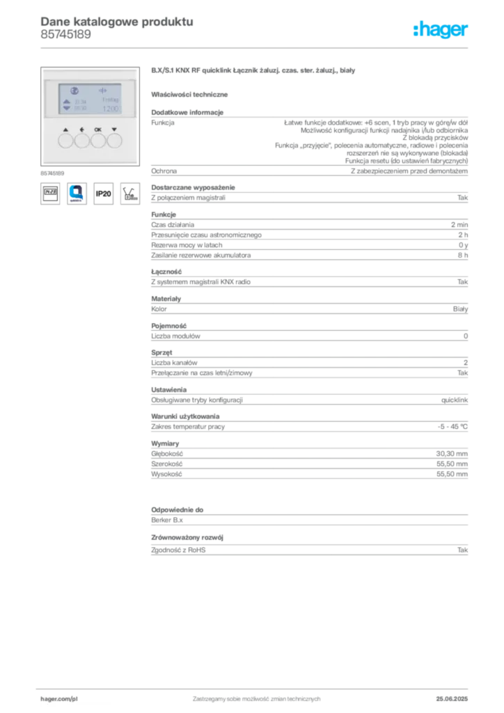Zdjęcie Hager Karta katalogowa 85745189 | Hager Polska