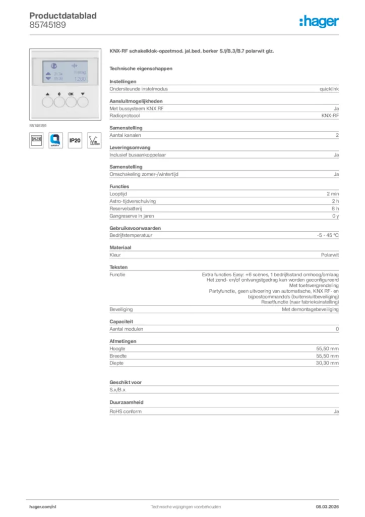 Afbeelding Hager Productdatablad 85745189 | Hager Nederland