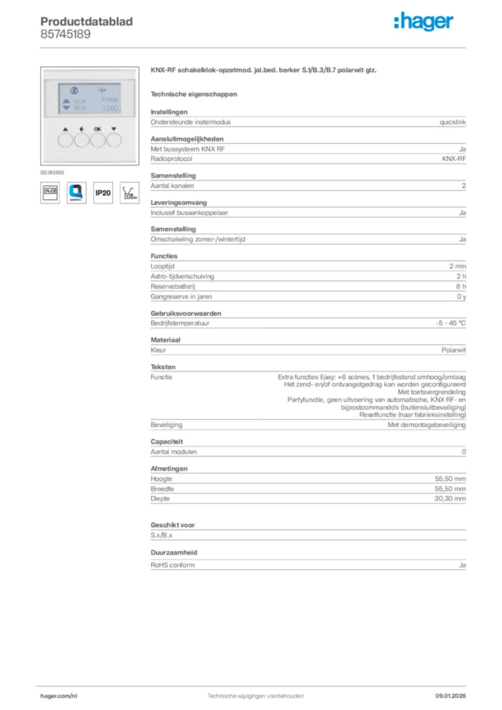 Afbeelding Hager Productdatablad 85745189 | Hager Nederland