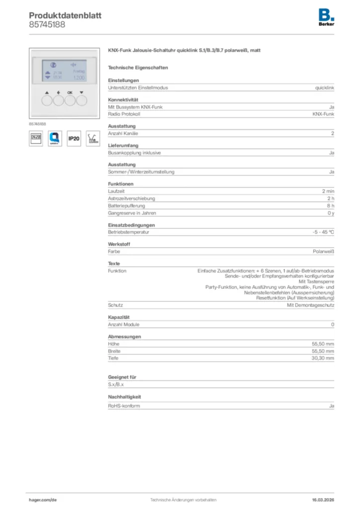 Bild Berker Produktdatenblatt 85745188 | Hager Deutschland