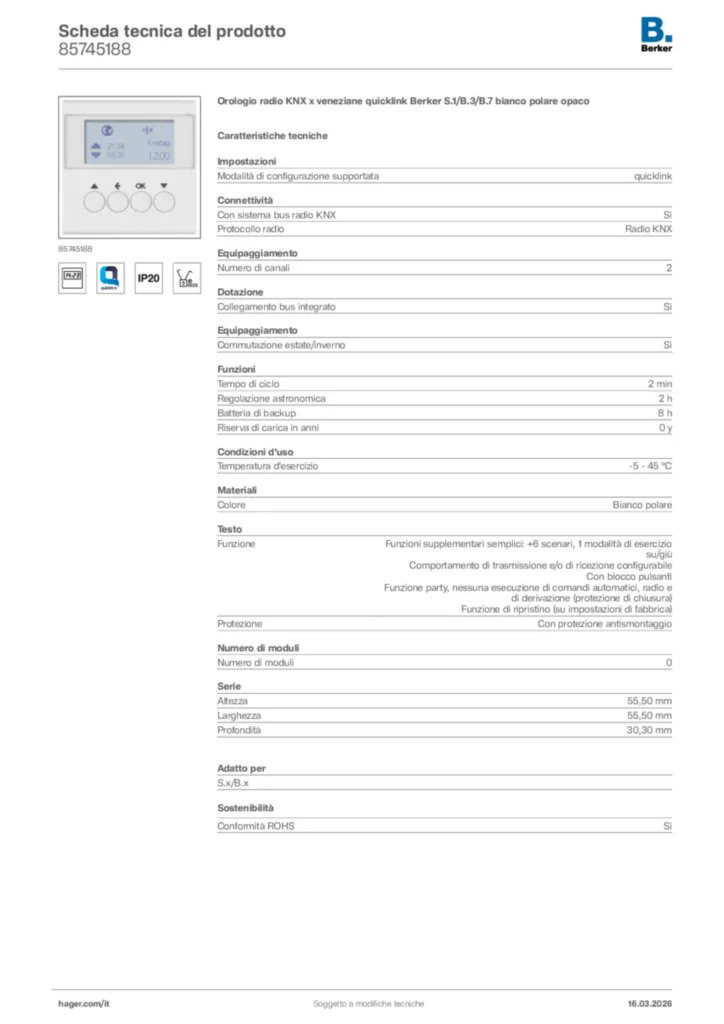 Immagine Berker Scheda tecnica del prodotto 85745188 | Hager Italia