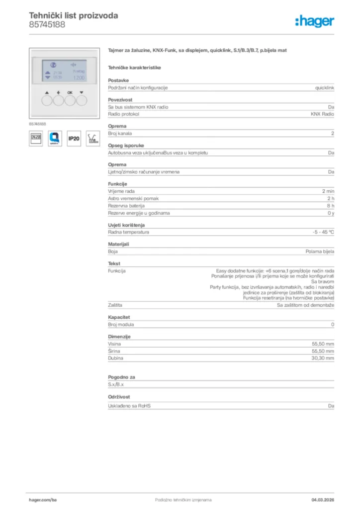 Slika Hager Tehnički list proizvoda 85745188  | Hager