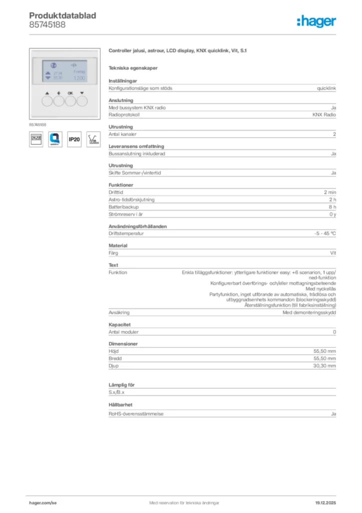 Bild Hager Produktdatablad 85745188 | Hager Sverige