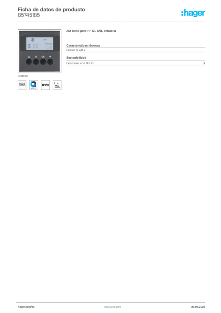 Imagen Hager Ficha de datos de producto 85745185 | Hager España