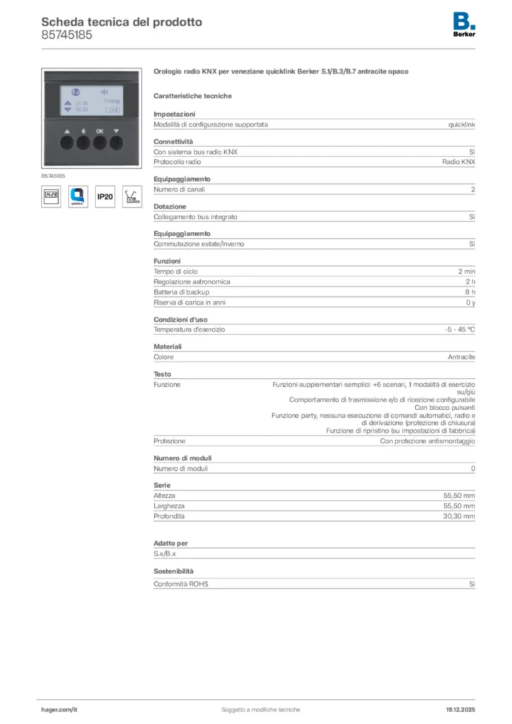 Immagine Berker Scheda tecnica del prodotto 85745185 | Hager Italia