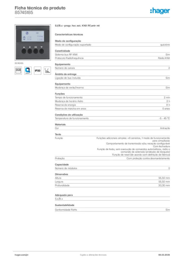Imagem Hager Ficha técnica do produto 85745185 | Hager Portugal