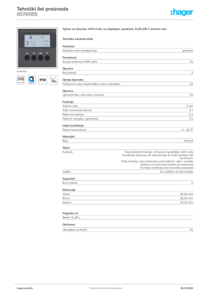 Slika Hager Product data sheet 85745185  | Hager