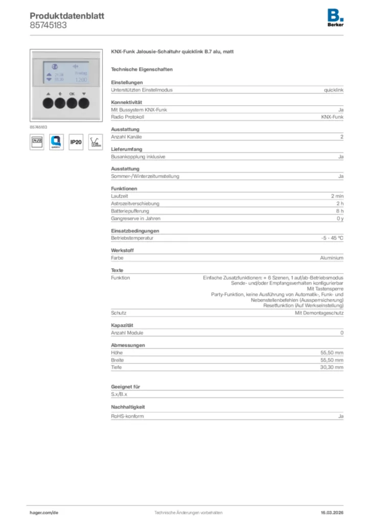 Bild Berker Produktdatenblatt 85745183 | Hager Deutschland