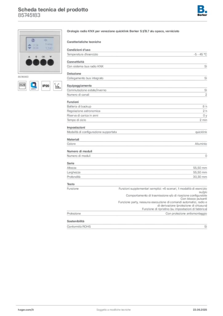 Immagine Berker Scheda tecnica del prodotto 85745183 | Hager Italia