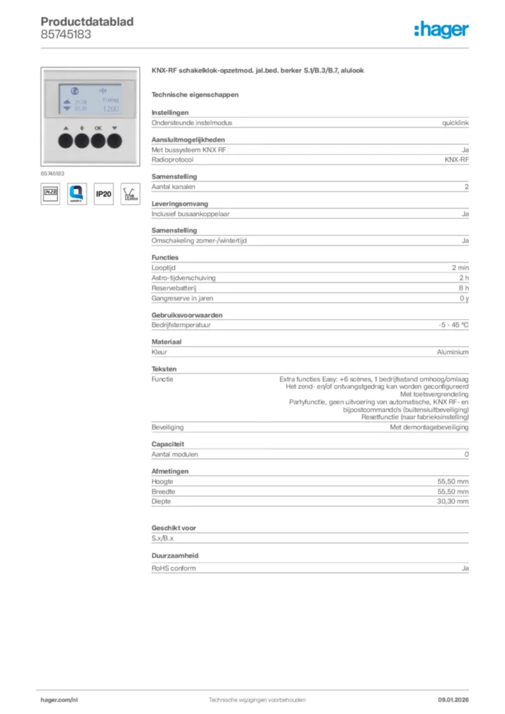 Afbeelding Hager Productdatablad 85745183 | Hager Nederland