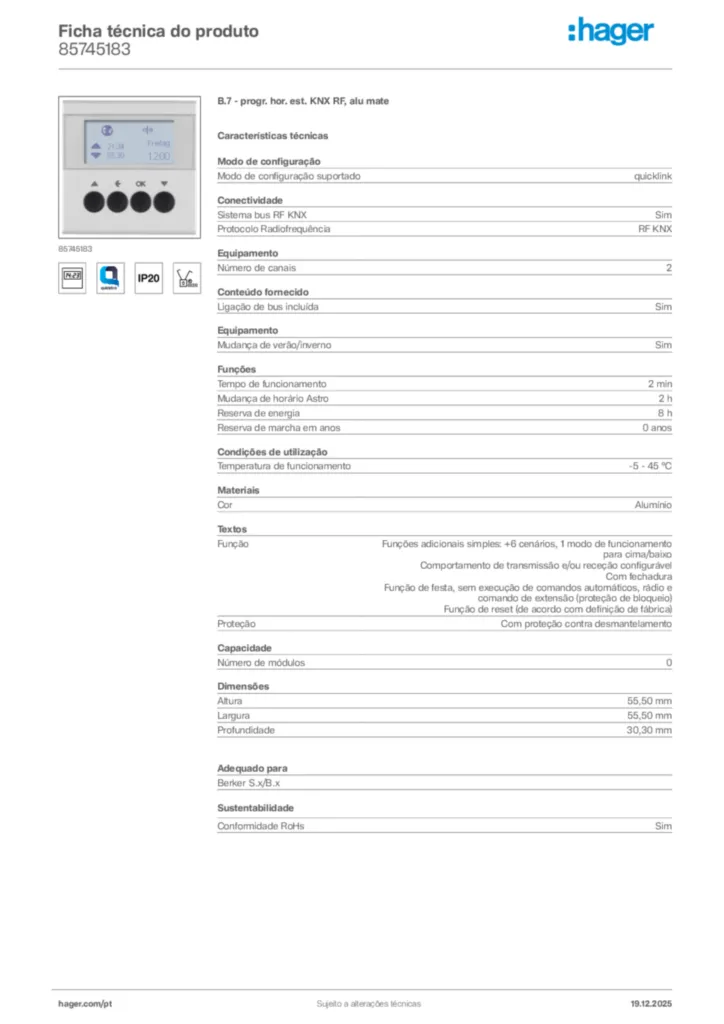 Imagem Hager Ficha técnica do produto 85745183 | Hager Portugal