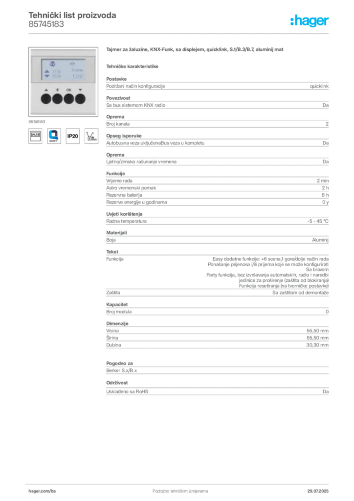 Slika Hager Product data sheet 85745183  | Hager