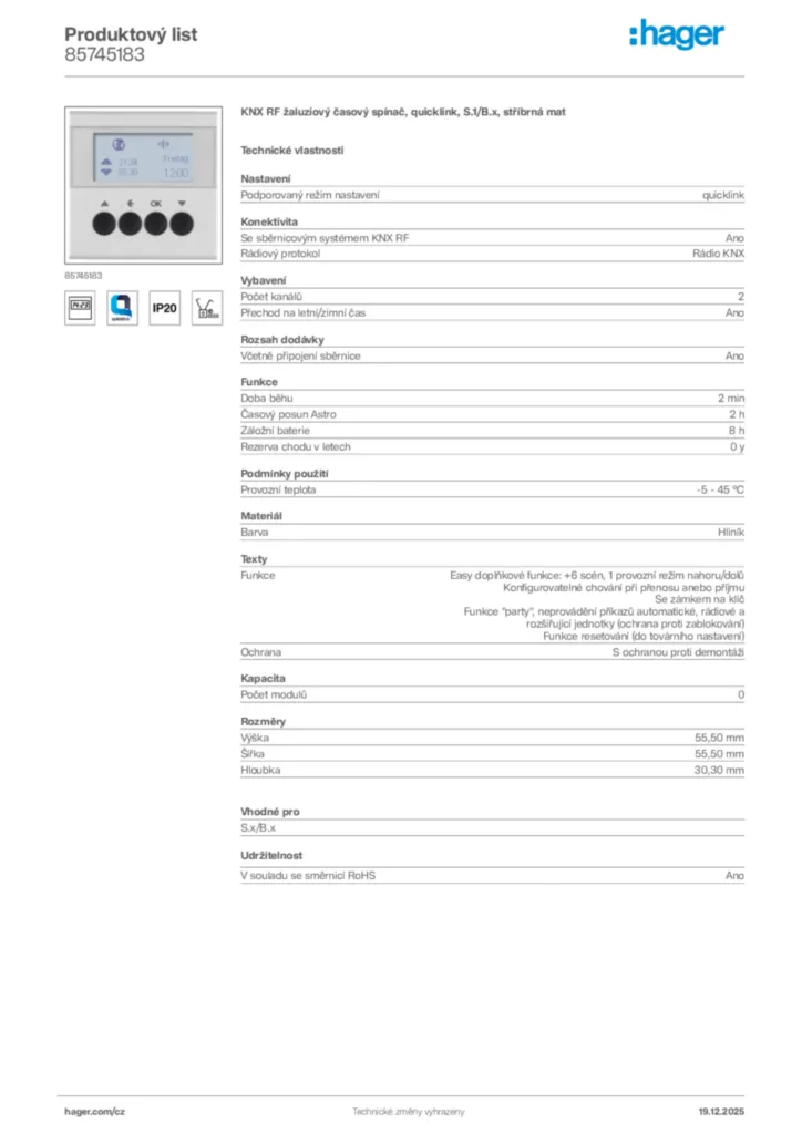 Obrázek Hager Produktový list 85745183 | Hager