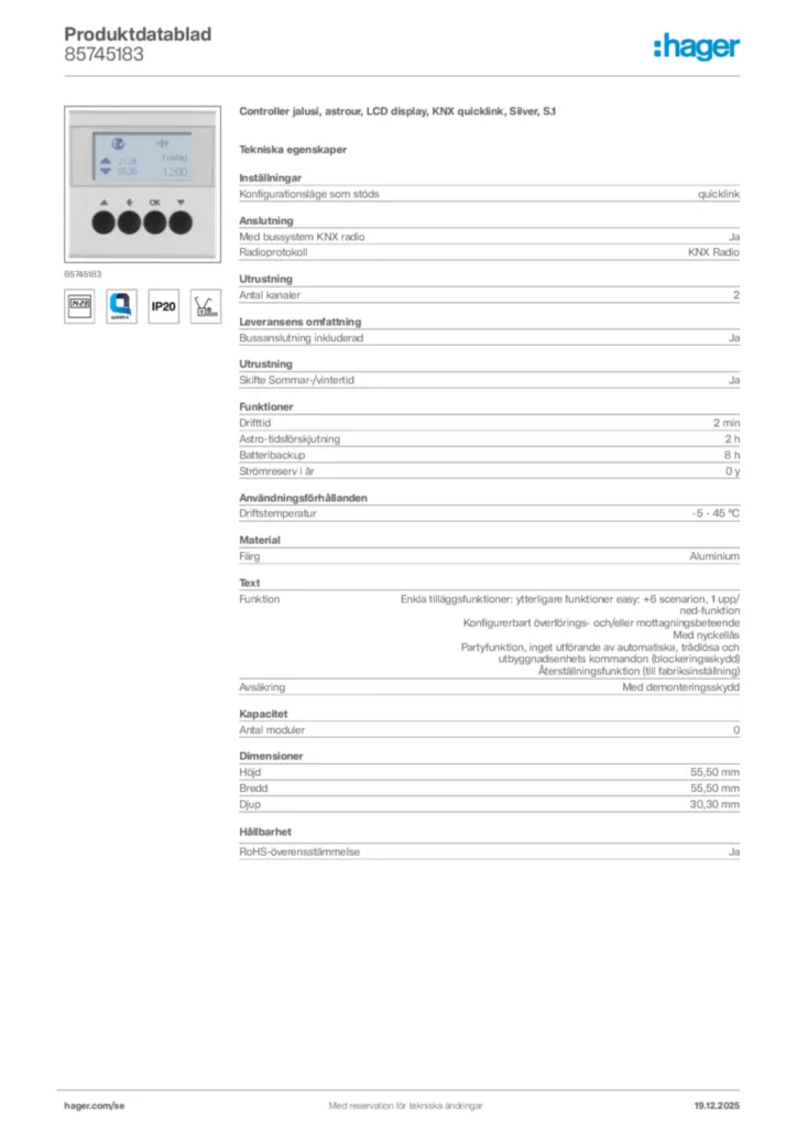 Bild Hager Produktdatablad 85745183 | Hager Sverige