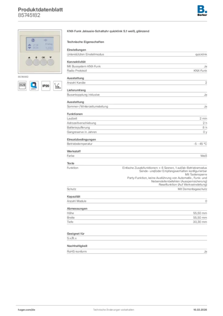 Bild Berker Produktdatenblatt 85745182 | Hager Deutschland
