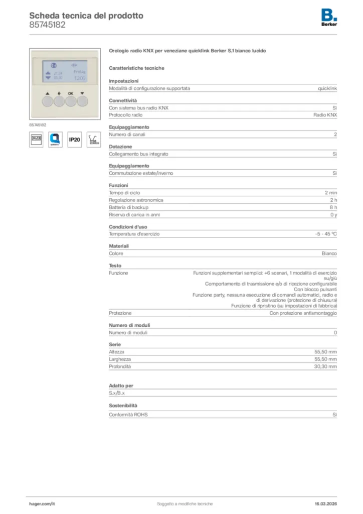 Immagine Berker Scheda tecnica del prodotto 85745182 | Hager Italia