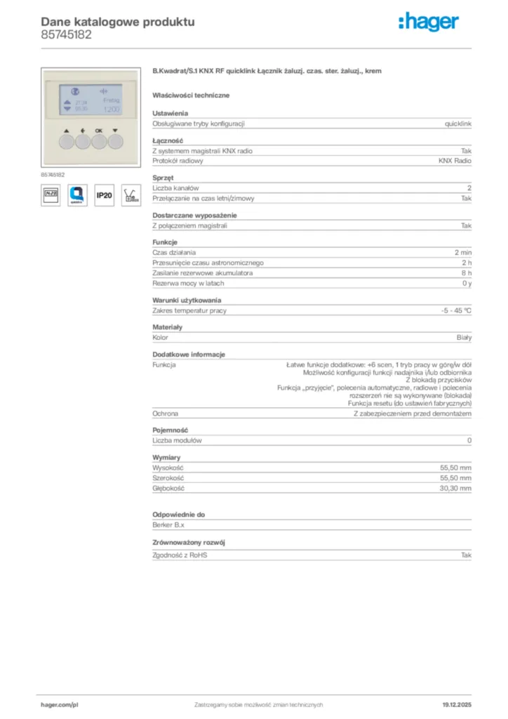 Zdjęcie Hager Karta katalogowa 85745182 | Hager Polska