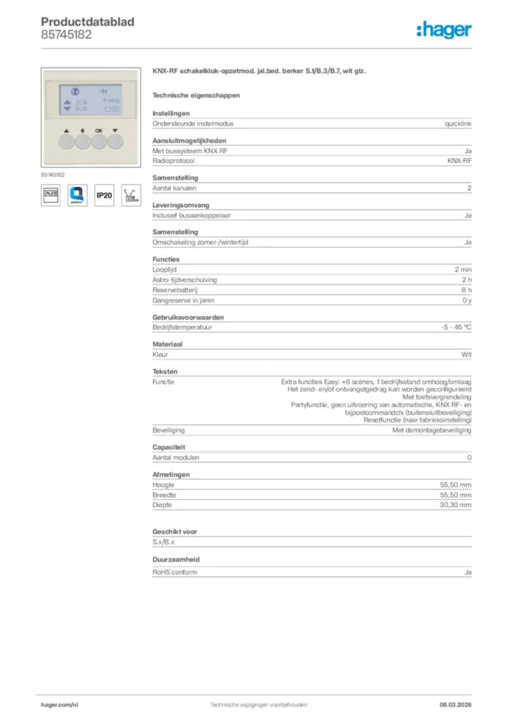 Afbeelding Hager Productdatablad 85745182 | Hager Nederland