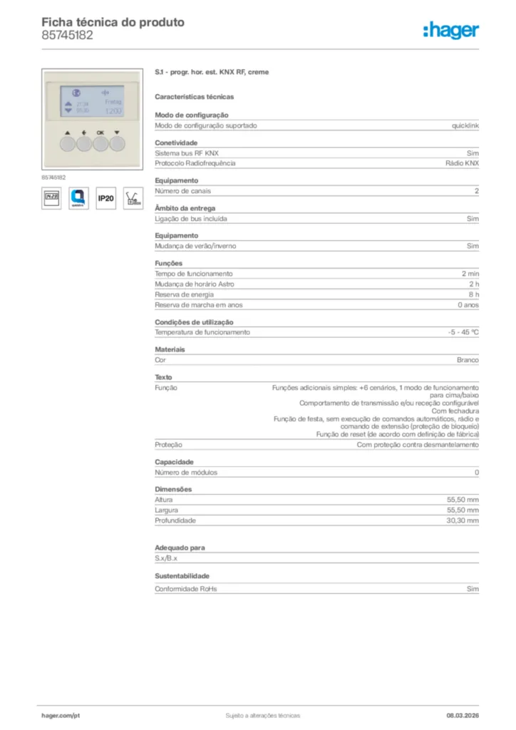 Imagem Hager Ficha técnica do produto 85745182 | Hager Portugal