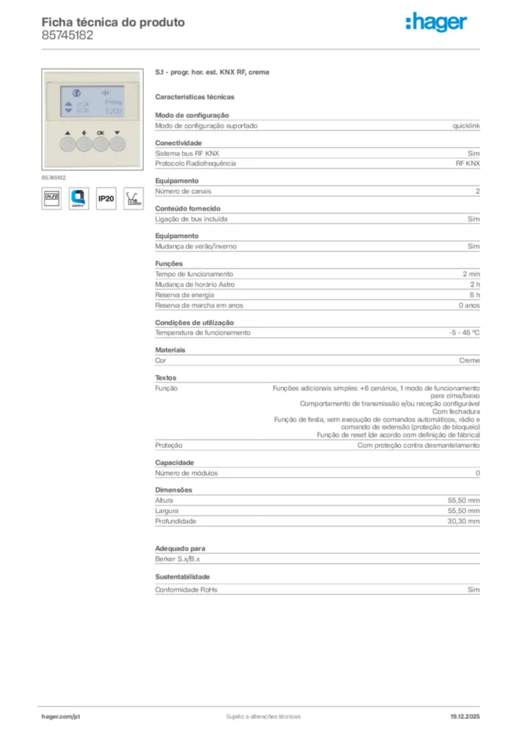 Imagem Hager Ficha técnica do produto 85745182 | Hager Portugal
