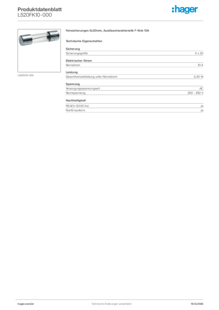 Bild Hager Produktdatenblatt L520FK10-000 | Hager Deutschland
