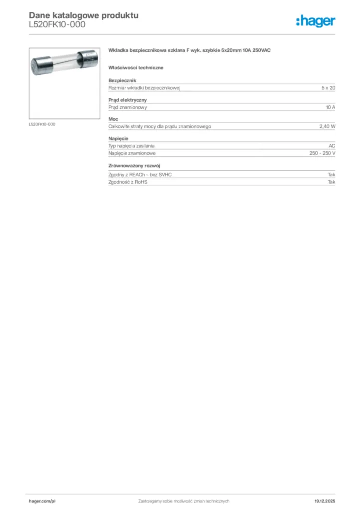 Zdjęcie Hager Karta katalogowa L520FK10-000 | Hager Polska