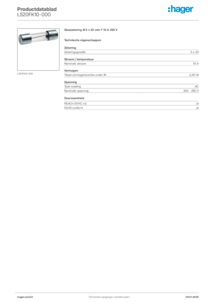 Afbeelding Hager Productdatablad L520FK10-000 | Hager Nederland