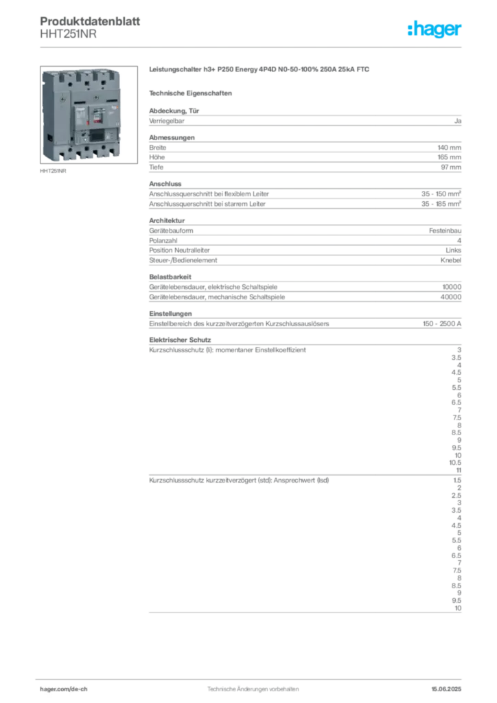 Bild Hager Produktdatenblatt HHT251NR | Hager Schweiz