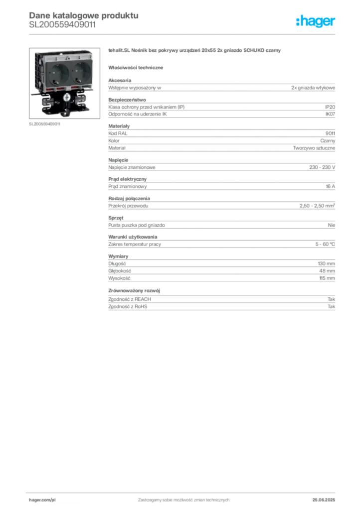 Zdjęcie Hager Karta katalogowa SL200559409011 | Hager Polska