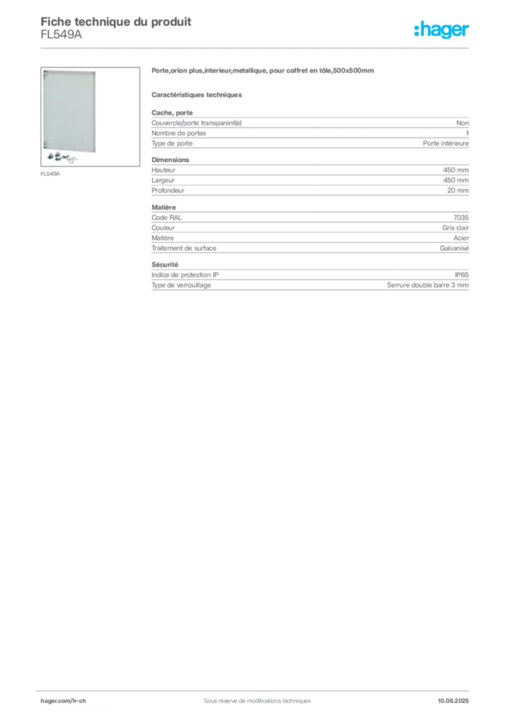 Image Hager Fiche technique du produit FL549A | Hager Suisse