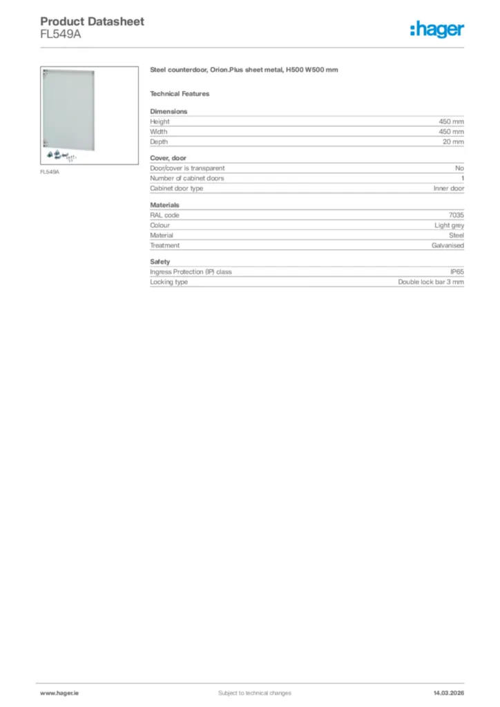Image Hager Product data sheet FL549A  | Hager