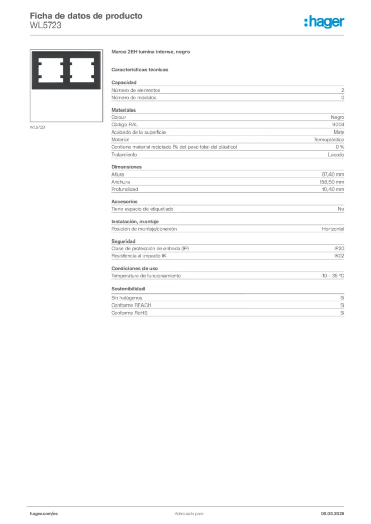 Imagen Hager Ficha de datos de producto WL5723 | Hager España