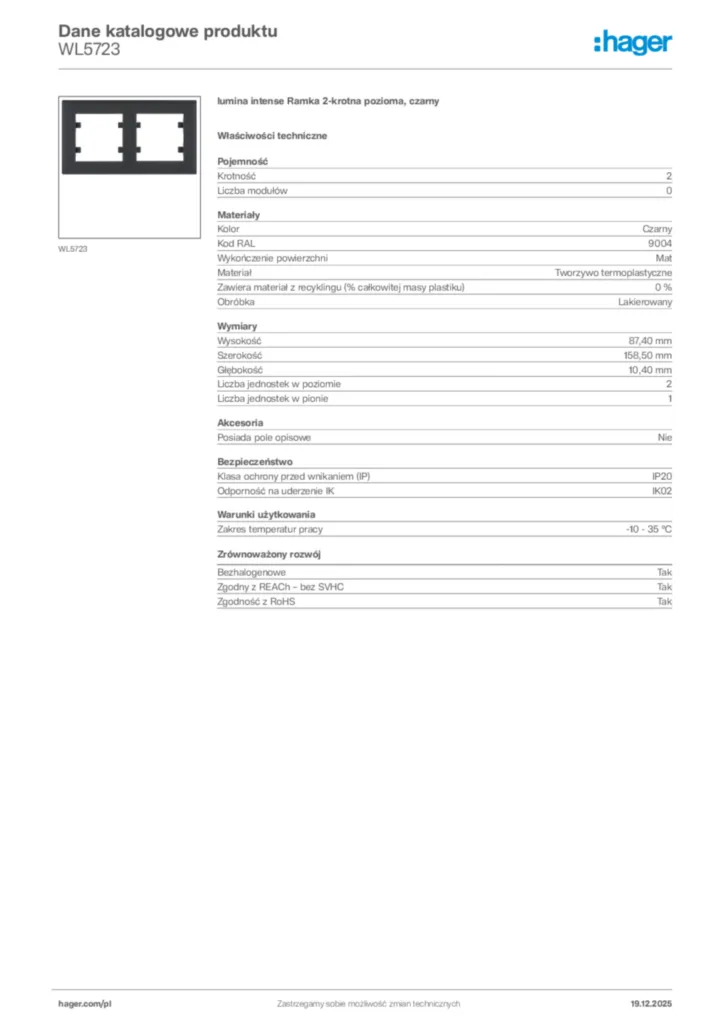 Zdjęcie Hager Karta katalogowa WL5723 | Hager Polska