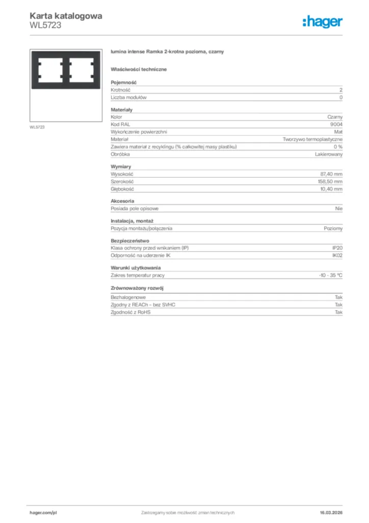 Zdjęcie Hager Karta katalogowa WL5723 | Hager Polska