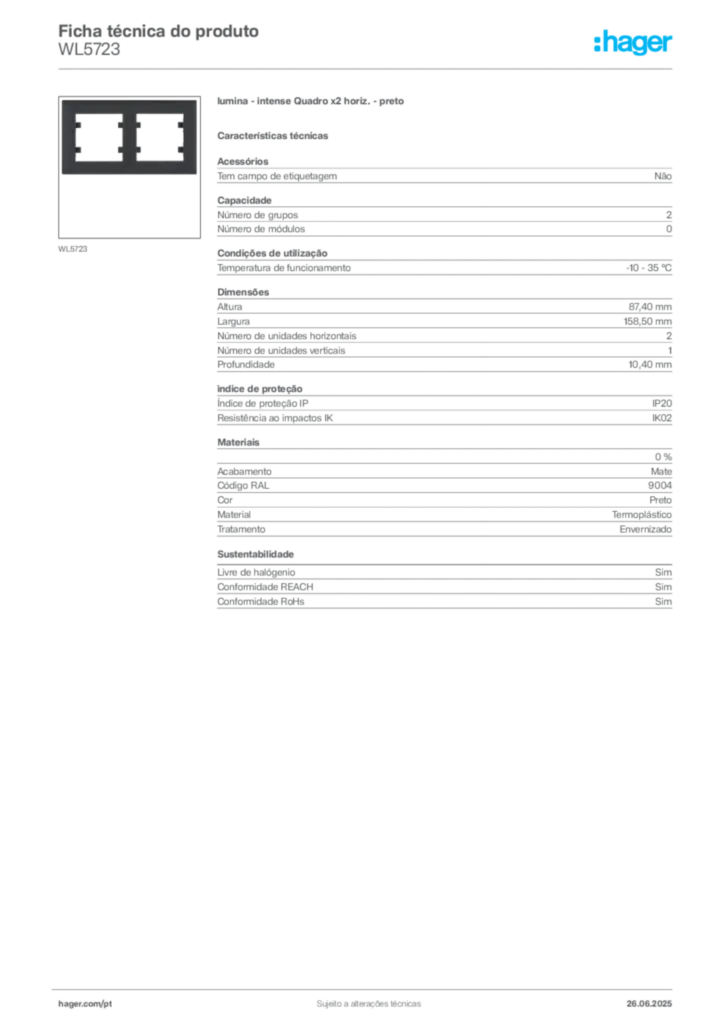Imagem Hager Ficha técnica do produto WL5723 | Hager Portugal
