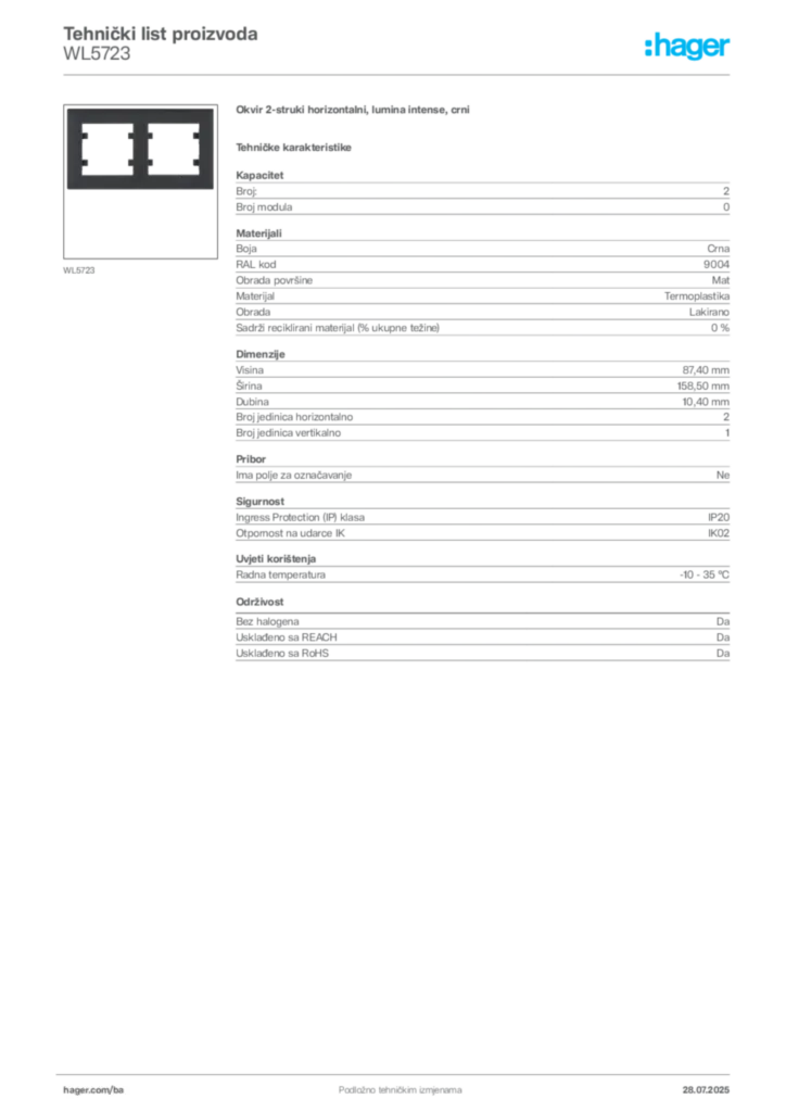 Slika Hager Product data sheet WL5723  | Hager