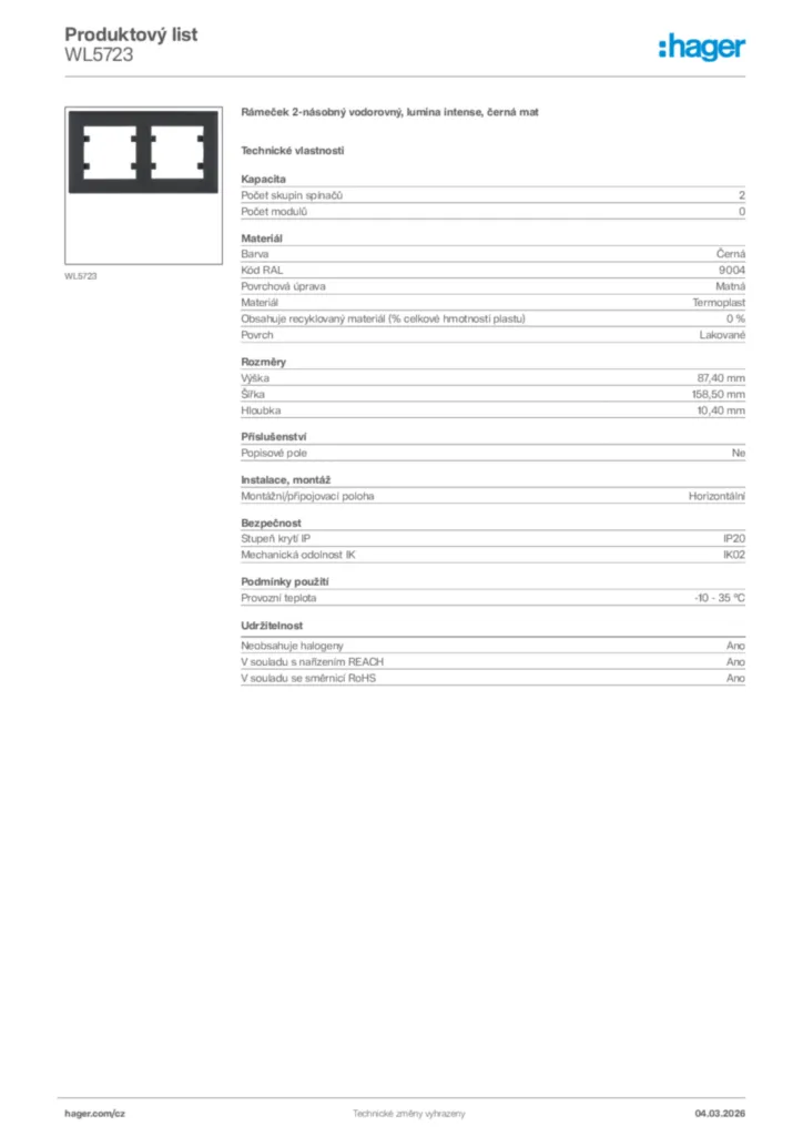 Obrázek Hager Product data sheet WL5723 | Hager