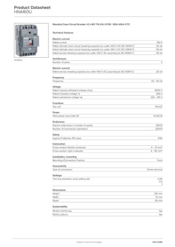 Image Hager Product data sheet HNA160U  | Hager Africa