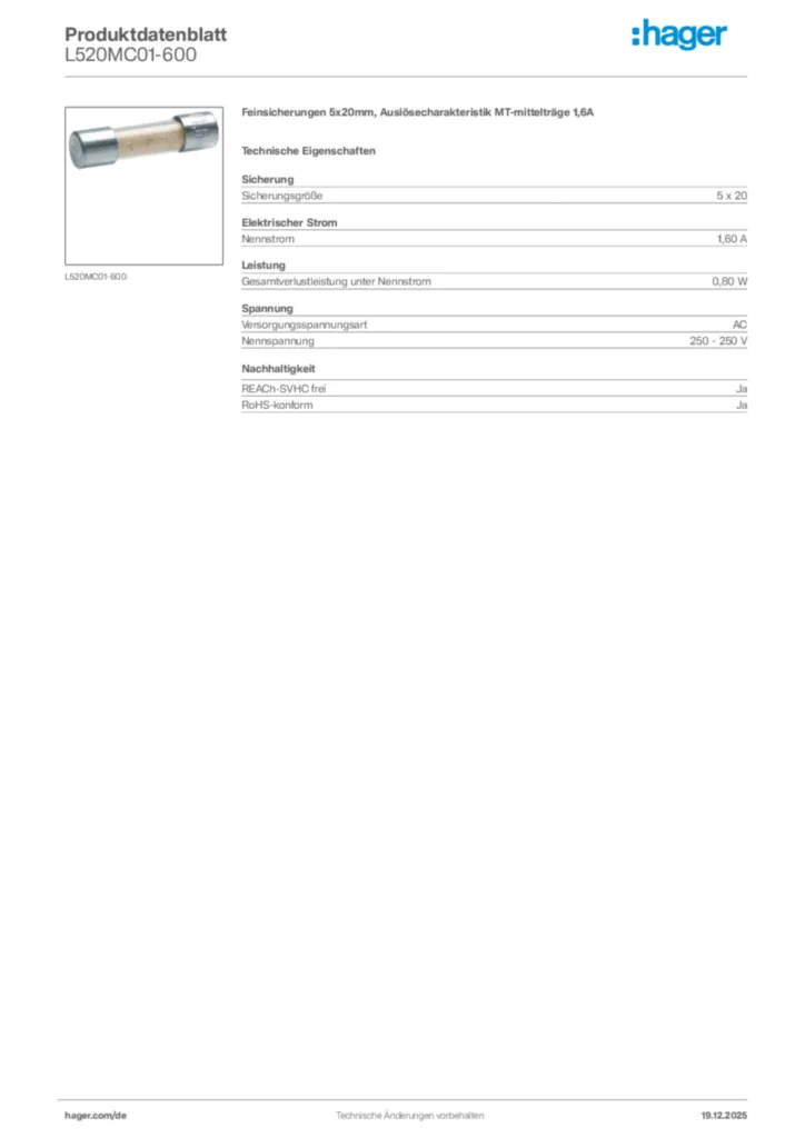 Bild Hager Produktdatenblatt L520MC01-600 | Hager Deutschland