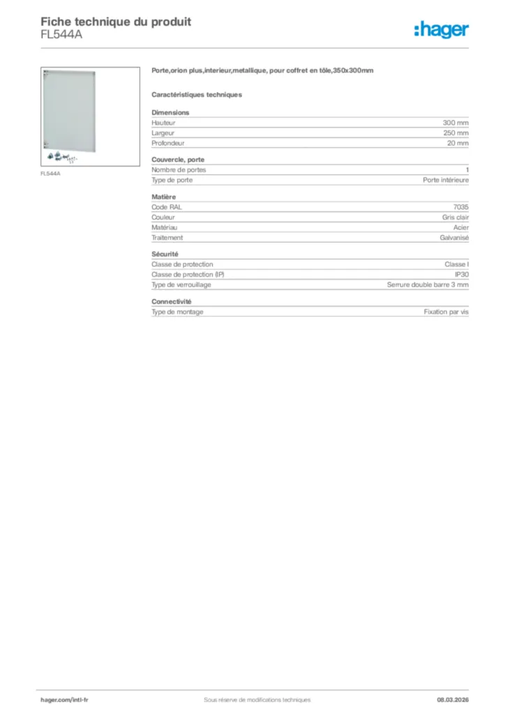 Image Hager Fiche technique du produit FL544A | Hager Afrique